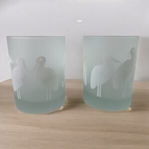 George Briard Set 2 Frosted Glass Crane Bird Lowball Barware Glasses Drink READ